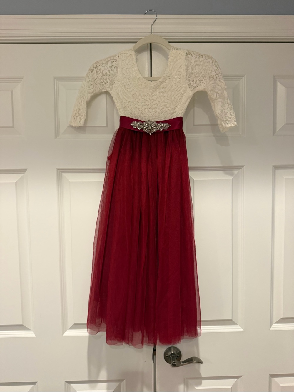 Ivory Lace & Burgundy Tulle Girls' Dress with Rhinestone Waist